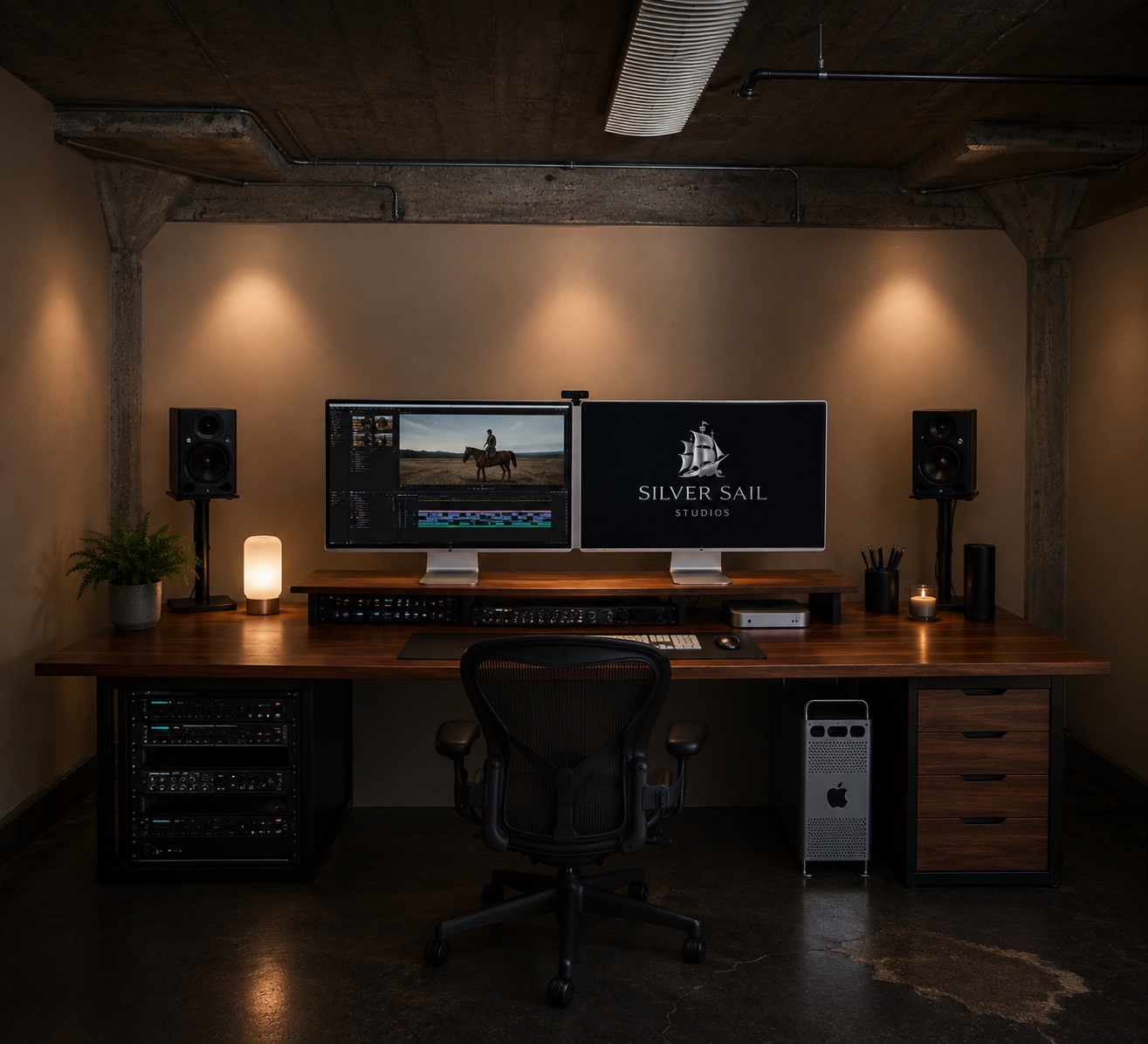 A post-production edit bay at Silver Sail Studios with dual monitors and rack gear