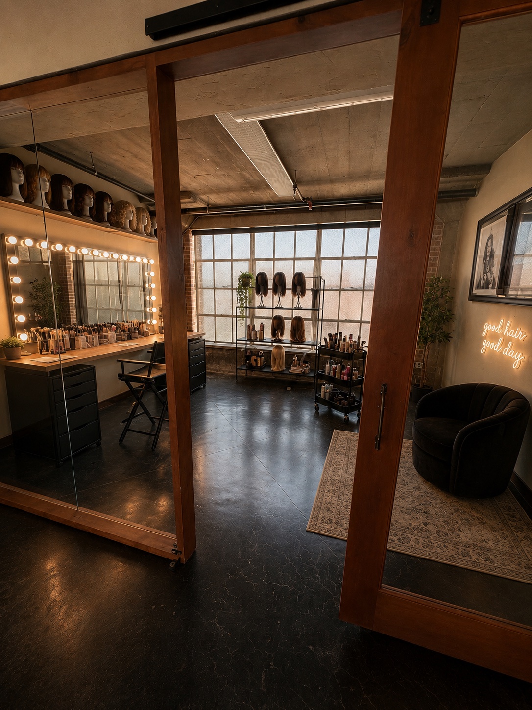 The hair and makeup department at Silver Sail Studios with a lit vanity mirror