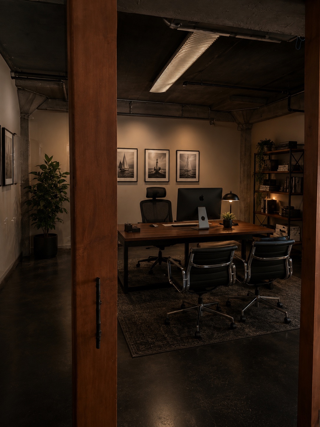 A private production office at Silver Sail Studios with a desk, monitor, and lounge seating