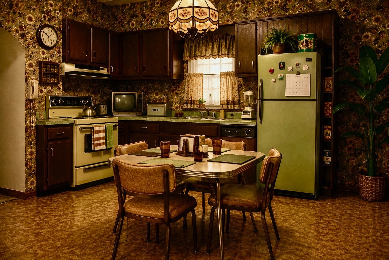 A 1980s kitchen standing set with sunflower wallpaper, dark wood cabinets, an avocado fridge, and a vinyl dinette at Silver Sail Studios