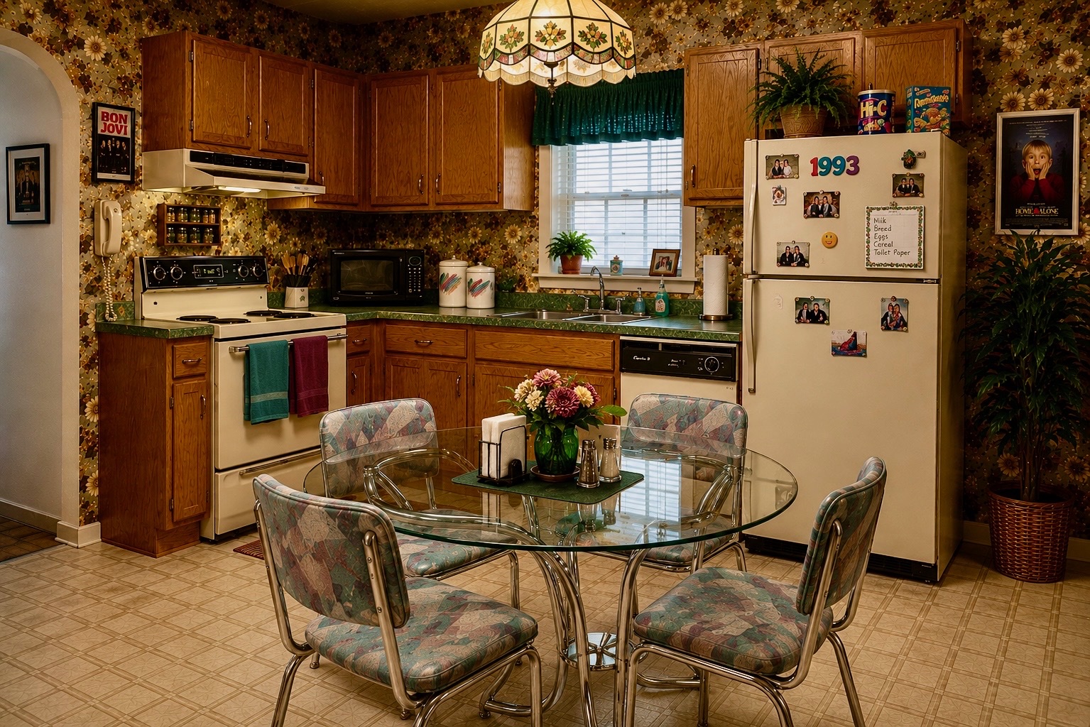 A 1990s kitchen standing set with oak cabinets, floral wallpaper, almond appliances, and a glass dinette at Silver Sail Studios