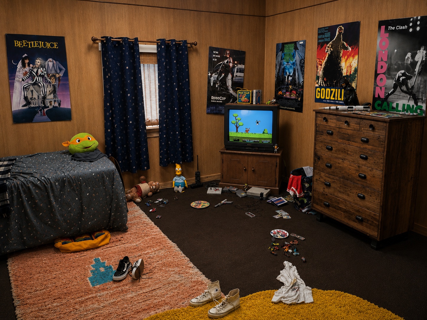 An 80's kids bedroom standing set with movie posters, a CRT TV, NES, and wood paneling at Silver Sail Studios