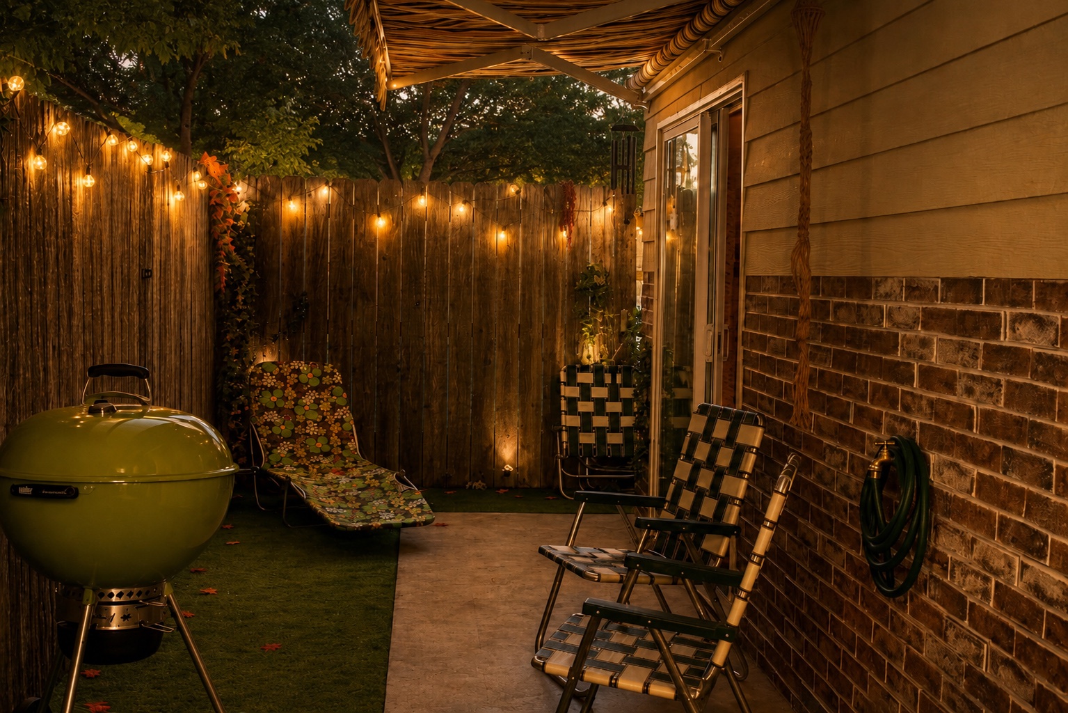 Retro backyard patio set with string lights, green kettle grill, and vintage lawn chairs