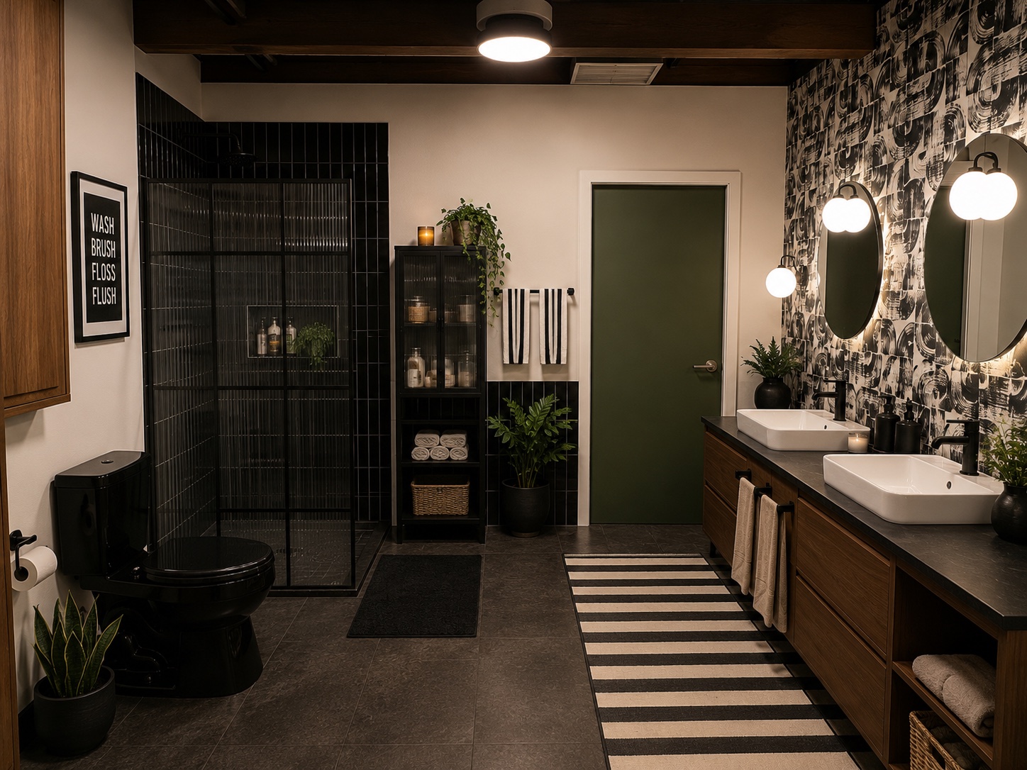 A modern bathroom standing set with a black-tile walk-in shower, double vanity, and patterned wallpaper at Silver Sail Studios