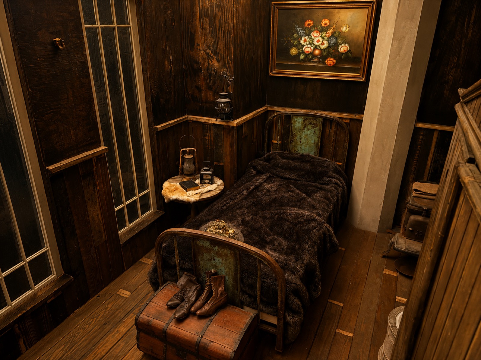 Period bedroom set with iron bed, lantern, steamer trunk, and dark wood walls