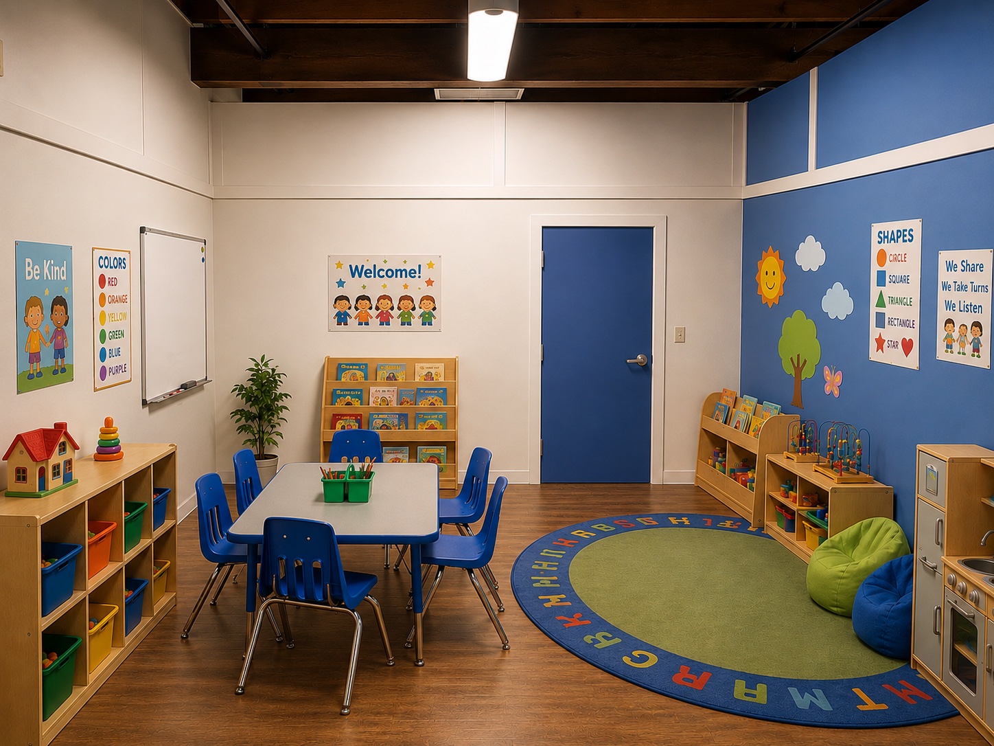 A daycare classroom standing set with kids' tables, an alphabet rug, learning posters, and a reading nook at Silver Sail Studios