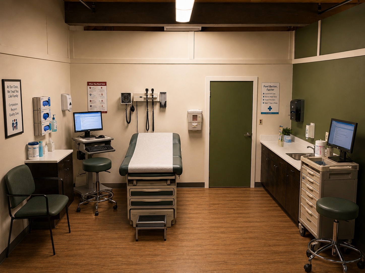 An examination room standing set with an exam table, provider workstations, and clinic signage at Silver Sail Studios