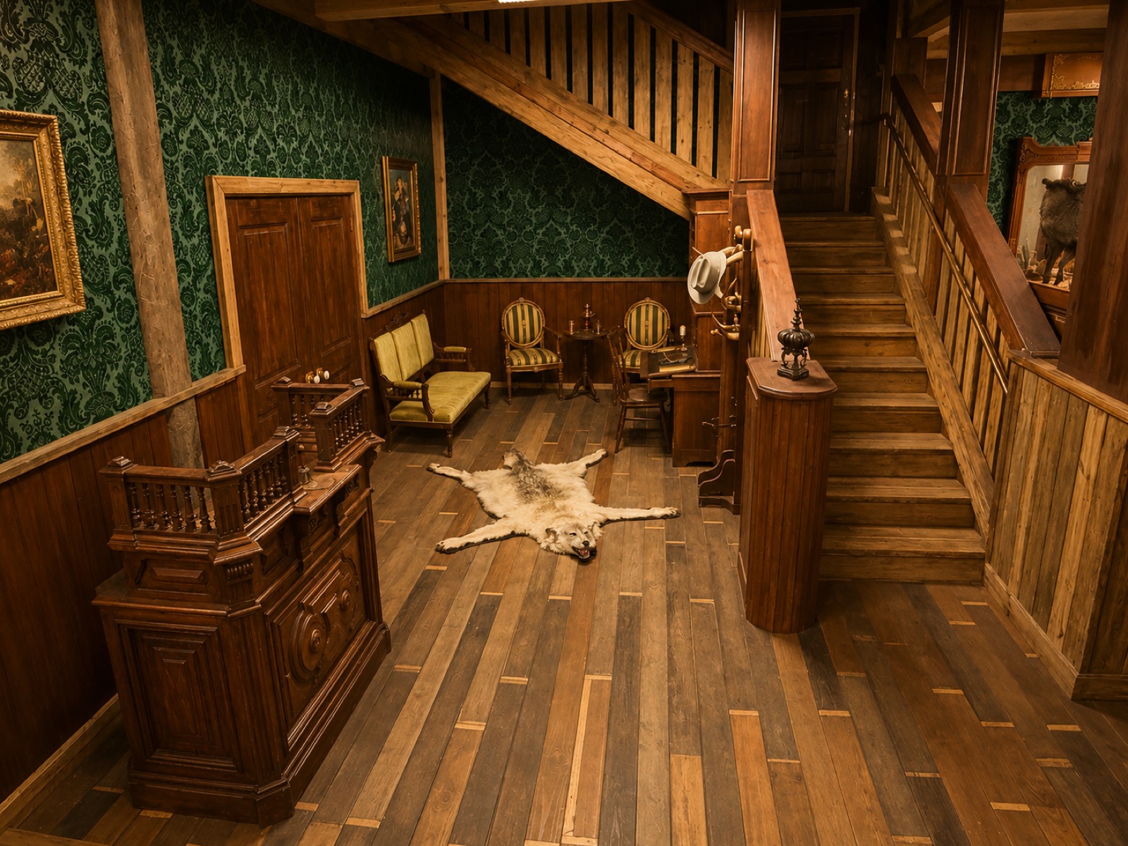 Victorian hotel lobby set with grand staircase, damask wallpaper, and front desk