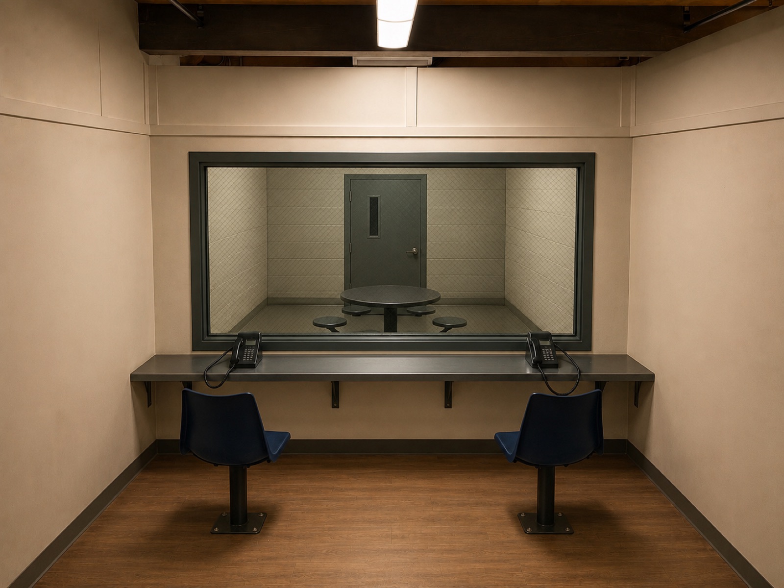 A prison no-contact visitation room set at Silver Sail Studios