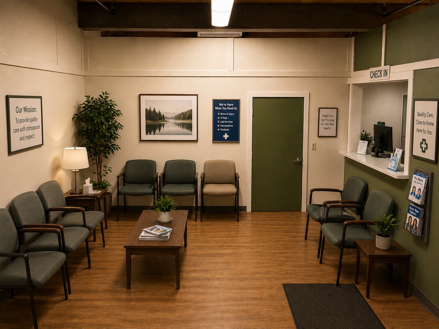 A medical waiting room standing set with green chairs, check-in window, and clinic signage at Silver Sail Studios